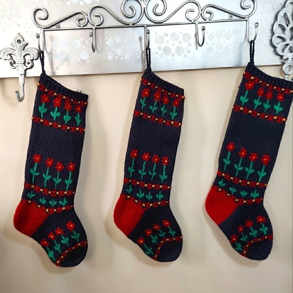 3 Flower Knit Christmas Stockings